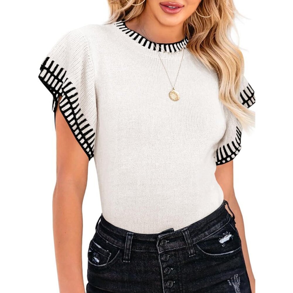 Womens Short Sleeve Sweater Top Lightweight Knit Crew Neck Ruffle Striped